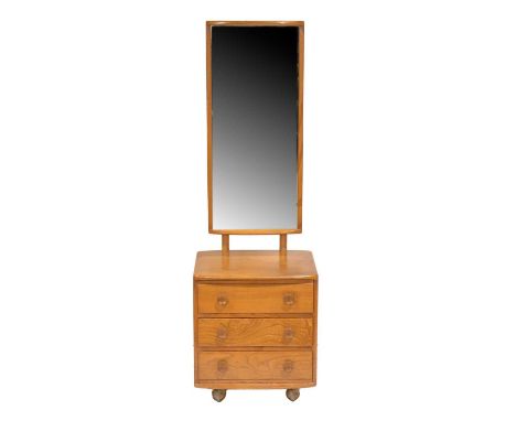 Ercol light elm dressing table, rectangular mirror with three drawers under, width 48cm, depth 45cm, height 147cm.Condition r