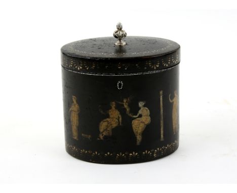 Late 18th century oval white metal mounted and lacquered tea caddy in neoclassical style, 14cm .   See images.Structurally so