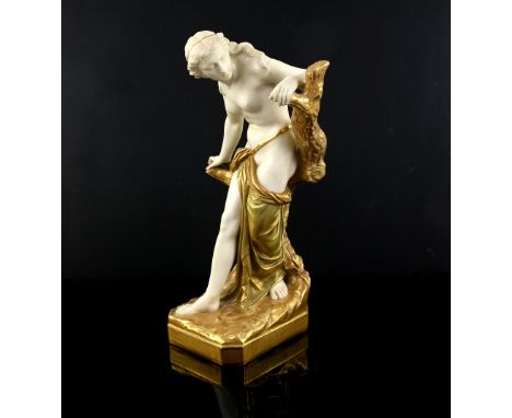 Royal Worcester figure, The Bather Surprised, green and gilt robe pattern no. 486, modelled by Sir Thomas Brock, 39cm.   Loss