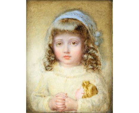 Walton G Herring, portrait miniature on ivory of a young girl with a doll, 8cm x 6cm , handwritten label verso PLEASE NOTE: T