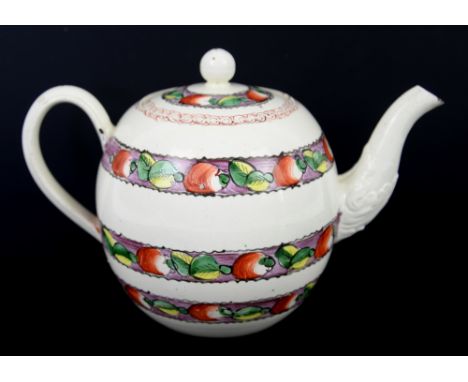 18th century creamware bullet  shaped teapot, with horizontal bands of polychrome decoration, Carry Stoller Collection Eugeni