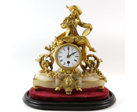 19th century gilt metal and alabaster mantel clock, with the figure of an artist, 30cm .   