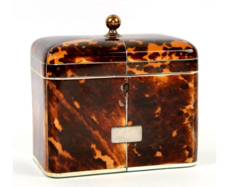 19th century tortoiseshell and ivory mounted tea caddy of rectangular form with curved edges, the hinged top opens to reveal 