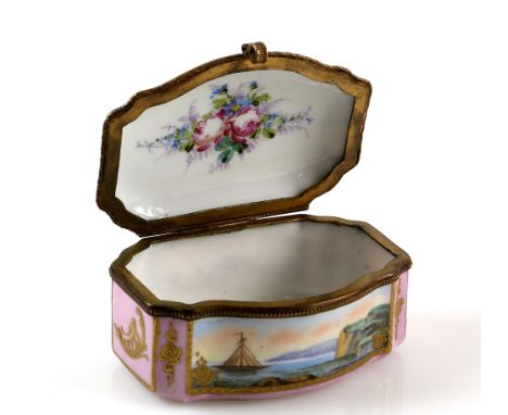 Continental porcelain trinket box, painted with marine views, signed max, the interior with floral bouquets, the base with Se