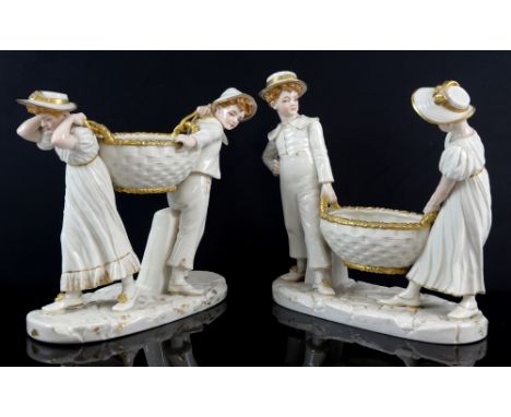 Royal Worcester porcelain figural group of a boy and girl carrying a basket, 19cm high, and another similar, 20.5cm high, sta