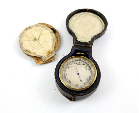 Double sided pocket barometer, the reverse with Singers patent mother of pearl compass and thermometer, case partly intact, t