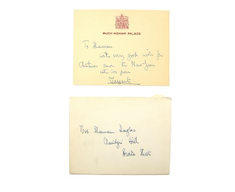 † HRH Princess Margaret, hand written signed card with Buckingham Palace heading from Princess Margaret to Sharman Douglas un