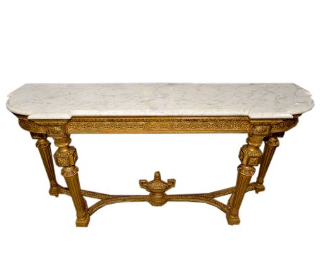 19th century gilt carved wood and gesso console table with marble top, 178cm x 52cm x 91cm.  .   