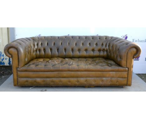 19th century style brown leather button back chesterfield sofa, 215cm wide. .   