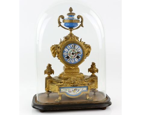 19th century  gilt metal mantel clock with Sevres style porcelain mounts, 37cm high in glass dome .   