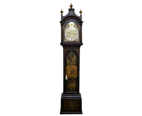 18th century and later longcase clock with lacquered case, the eight day two train movement with strike/silent and subsidiary