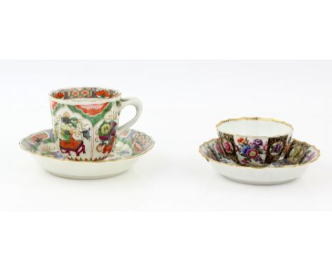 Late 18th century Worcester tea bowl and saucer decorated with panels of flowers and foliage with gilt highlights, blue fret 