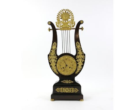 19th century Lyre shaped  two train mantel clock with gilt metal mounts,  56cm .   