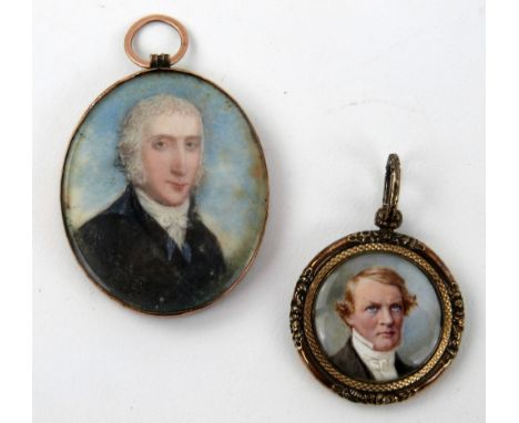 Portrait miniature on ivory of a gentleman in 18th century dress with a lock of hair in the back, 5 cm high, and another of a