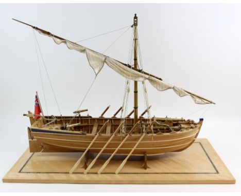 Armed Pinnace, circa 1800, 1/16 scale fully rigged  modified hardwood Pannart kit, displayed in custom case, 68cm x 30cm x 52