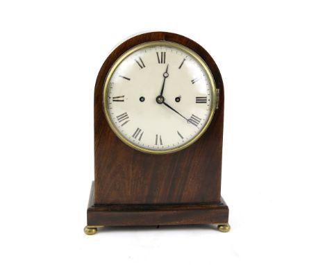 19th century mahogany cased double fusee  mantel clock with enamelled dial, striking on a bell  35cm .   diameter of dial 19c