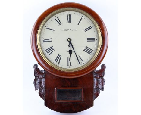 Early Victorian English drop dial mahogany  wall clock signed William Potts Leeds.  30cm dia white painted dial with Roman nu