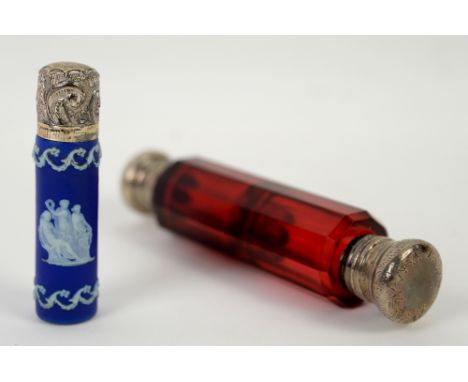 19th century Wedgwood perfume bottle, with silver mount, 7 cm long, together with a Victorian silver-mounted ruby glass doubl