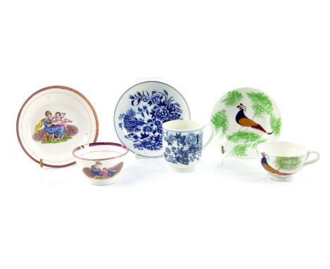 18th Century first period Worcester blue and white cup and saucer with fence pattern and double blue line border, crescent ma