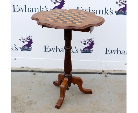 19th century walnut drop flap chess top table on column support and tripod base, 70cm x 50cm .   