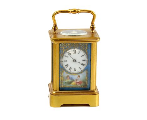 19th century French miniature, gilt metal and porcelain carriage clock, the four sides inset with turquoise Sevres type plaqu