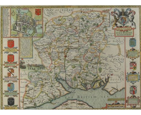 First edition 16th century  John Speede map of Hantshire, published I Sudbury and G Humbell, 39cm x 51cm..   Overall conditio