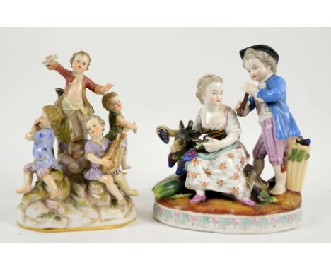 19th century Continental figural group the Musicians modelled as 5 putti with various instruments, bears blue crossed words m