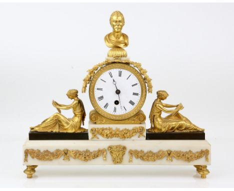 Late 19th century white marble and gilt brass mantle clock surmounted by a bust and flanked by two reclining figures, the bac