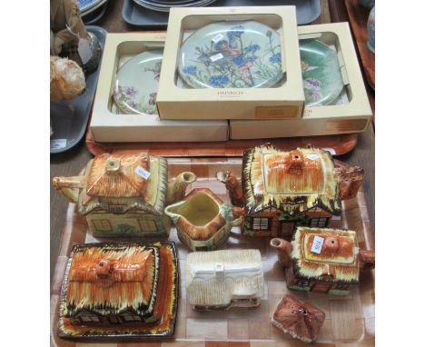 Three Heinrich fairy collectors plates in original boxes, together with a tray of assorted cottage ware, teapots etc.(B.P. 21