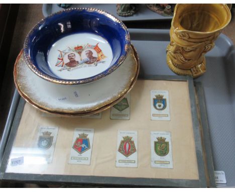 Three framed Will's cigarette cards, together with a Lord Kitchener pottery character jug and some commemorative bowls and pl