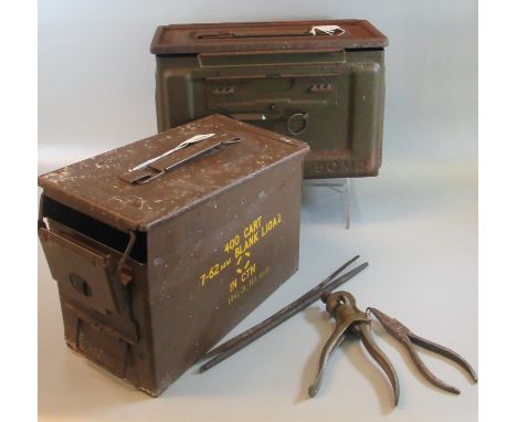 Two military ammunition boxes or cans, one revealing assorted tools; pliers etc.(B.P. 21% + VAT) 