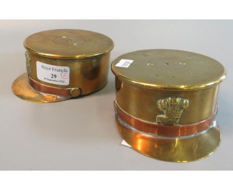 Trench art- pair of similar military caps fashioned from brass 18Ib shell cases, each having Welsh Prince of Wales Feathers b