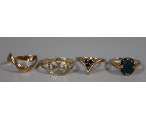 Four 9ct gold stone set and other dress rings. 5.7g approx. (4) (B.P. 21% + VAT)three stone ring and plain gold band size K +