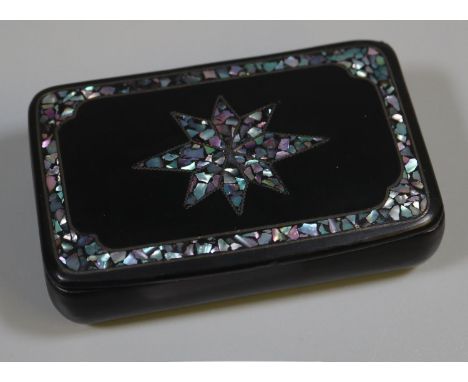 Victorian papier mache snuff box with inlaid mother of pearl decoration.(B.P. 21% + VAT) 