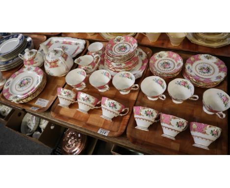 Three trays of Royal Albert English bone china 'Lady Carlyle' design items (mostly seconds) to include; teapot, lidded sucrie