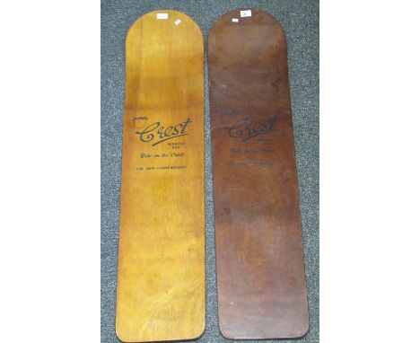 Pair of vintage Fun Line Combo 2000 wooden water skis, together with a pair of vintage Crest Marine ply belly  or body boards