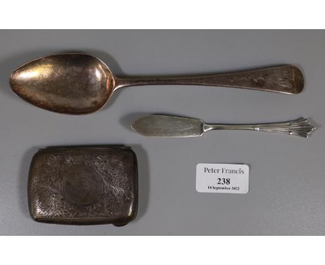 Early 19th Century silver spoon (1.95 troy ozs), a silver fish knife and silver cigarette case (both 2.45 troy ozs).(B.P. 21%