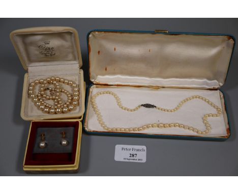 Bag containing cultured pearl necklace and earrings, together with some simulated pearls.(B.P. 21% + VAT) 