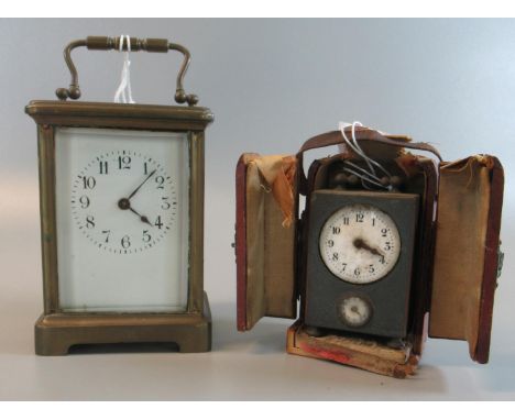 Small French carriage clock with full depth white enamel Arabic face and back winding movement, 11.5cm high approx. Together 
