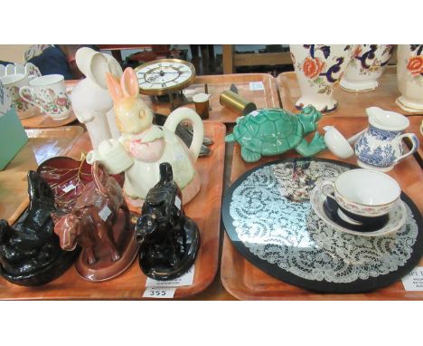 Two trays of assorted mostly china to include: Churchill England blue and white willow design jug, a turtle ceramic money box