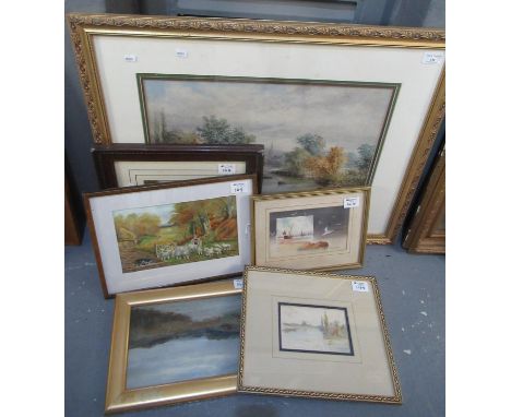 Eight furnishing pictures to include: British School (late 19th century), river landscape, unsigned, watercolours, H Gibson (