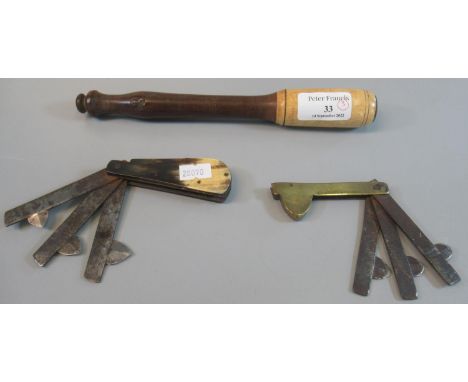 19th Century bone and mahogany priest, together with a vet's fleam with horn scales and another similar in brass and steel. (