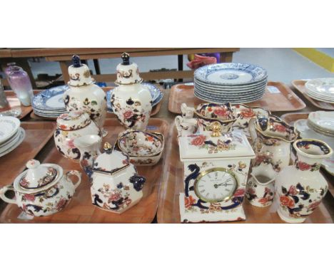 Two trays of Mason's ironstone 'Mandalay' design items to include: dresser jugs of various sizes, clock, vases, ginger jars a