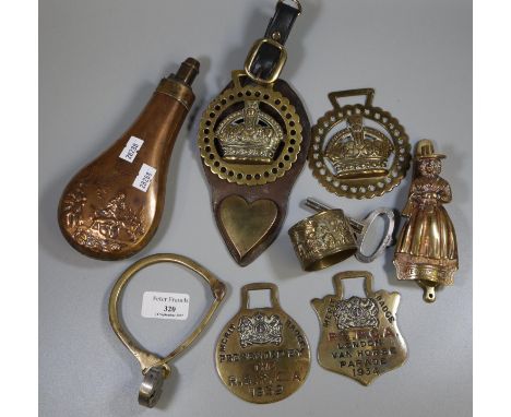 Collection of horse brasses, napkin rings, a repousse shot flask etc.(B.P. 21% + VAT) 