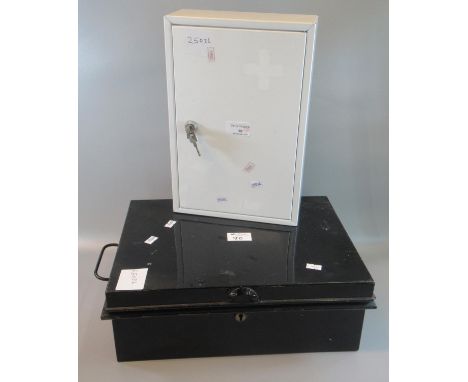 Vintage two handled lidded tin deed box, together with a modern metal wall cabinet with key. (2)(B.P. 21% + VAT) 