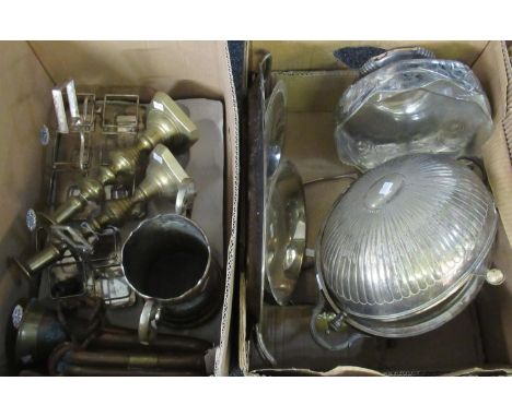 Two boxes of metalware to include: a plated centre bowl with glass liner and rose decoration, plated tray and serving dishes,