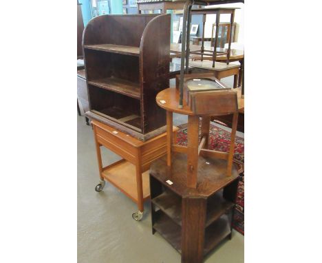 Collection of furnishing items to include; Art Deco oak lamp table and another similar oak lamp table, teak mid Century troll