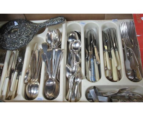 Box of assorted metalware, mostly loose cutlery, some Walker & Hall, one Wedgwood Jasperware fork and a silver plated hand mi