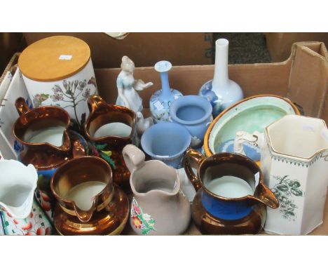 Box of assorted china to include; copper lustre dresser jugs, other dresser jugs including Gaudy Welsh, Wedgwood Jasperware m