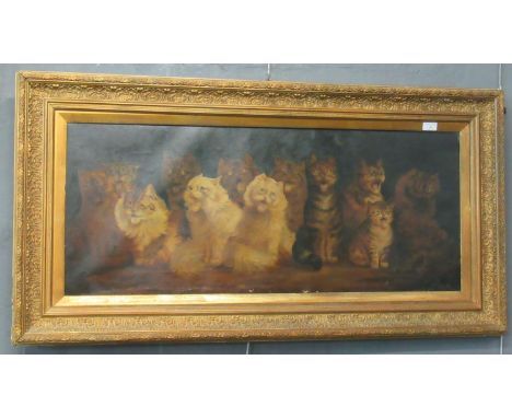 After Louis Wain (early 20th century) a study of caterwauling cats. Over painted print on canvas. 43 x 105cm approximately.  